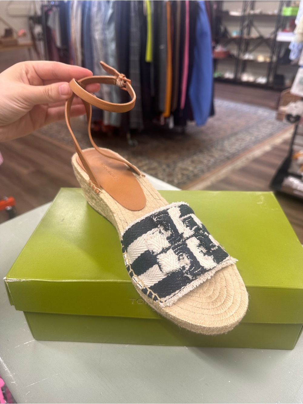 Tory Burch Ines platform wedge espadrille sandals striped navy size 10.5